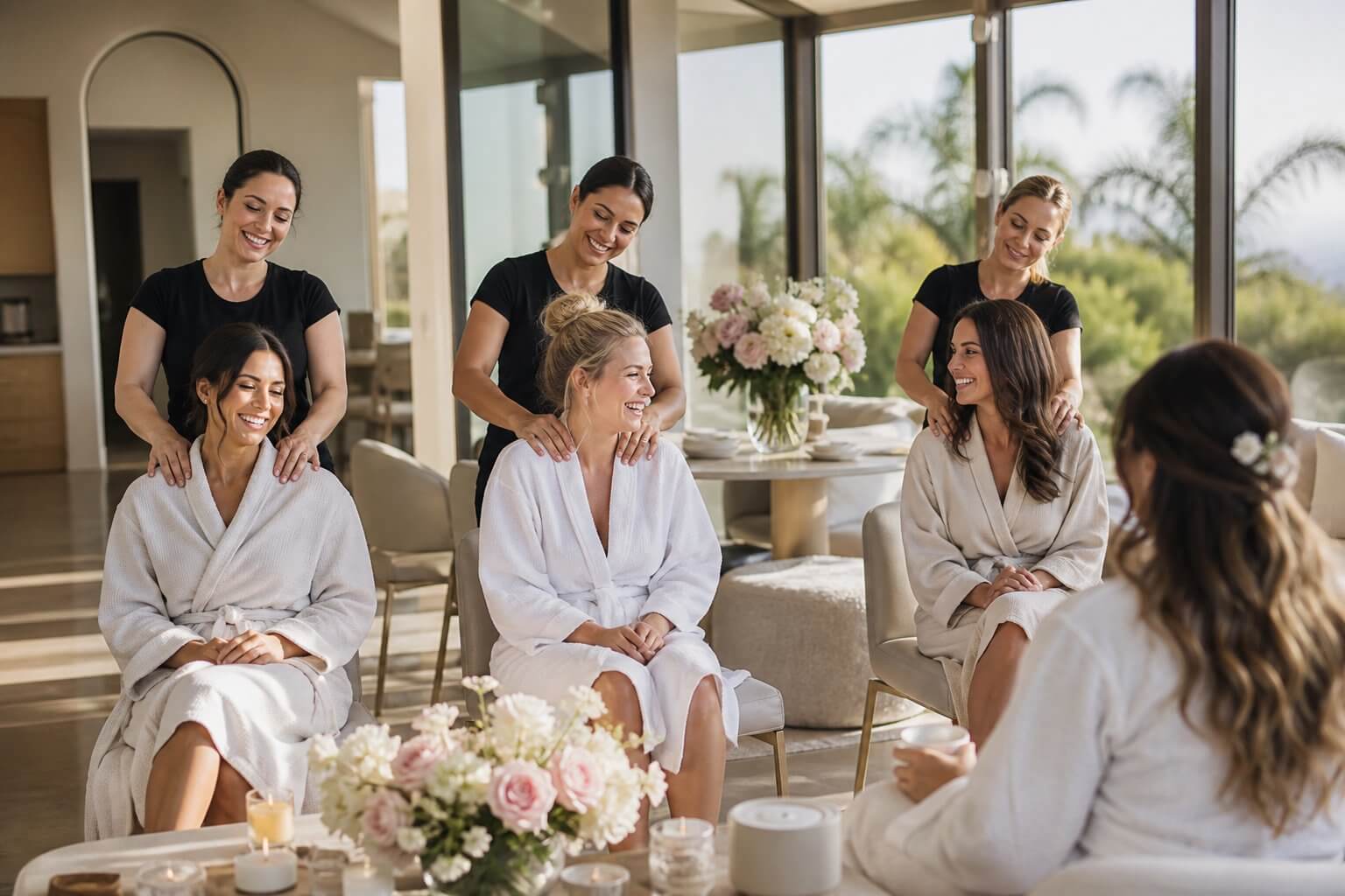 mobile-spa-party-birthday-bridal-shower-wellness Guests enjoying a professional mobile spa experience at an upscale Southern California bridal shower, with seated shoulder massages, elegant robes, floral decor, and a relaxed group celebration.