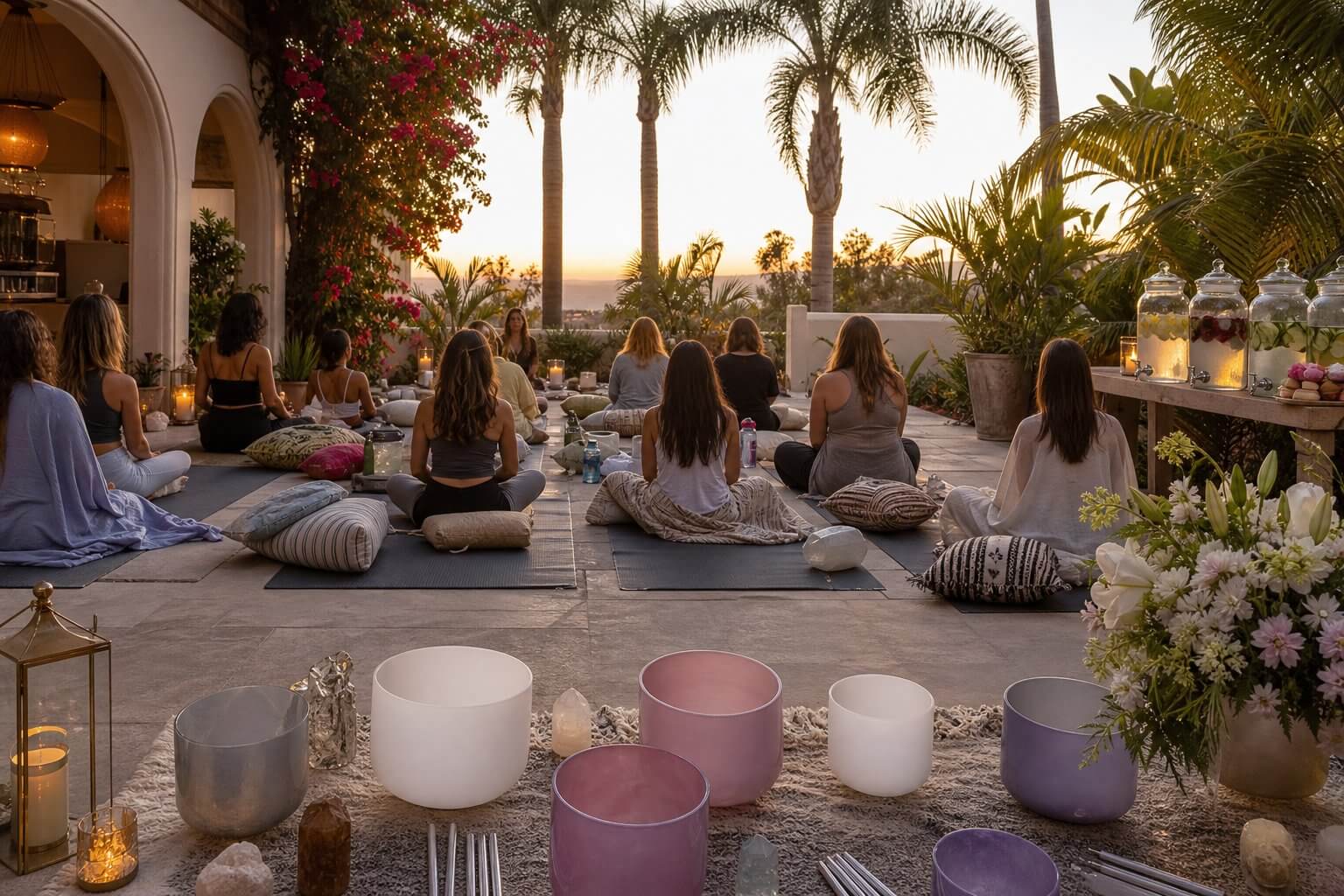 Luxury Mobile Spa Party Ideas for SoCal Birthdays, Bridal Showers & Events 2 Guests participating in a peaceful outdoor sound healing session at a Southern California mobile spa party with crystal singing bowls, infused water, candles, greenery, and plush wellness cushions.