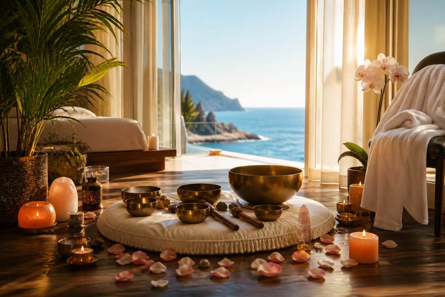 The Benefits of Booking Mobile Massage for Vacation Rentals, Hotels, and Airbnb Stays 1 A serene sound healing scene in a bright coastal hotel suite with singing bowls, warm candles, rose petals, plants, and sunlight streaming through sheer curtains, representing holistic wellness add-ons like sound healing and chakra alignment for vacationers.