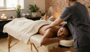 Beyond the Surface: How Lymphatic Massage Clears Seasonal Stagnation and "Winter Sluggishness" 1 A tranquil spa treatment featuring a woman enjoying a massage.