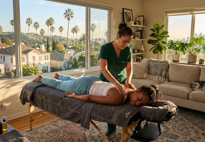 in-home-therapeutic-massage-los-angeles-neighborhood-view Woman gets back massage in bright room with large window overlooking palm trees.