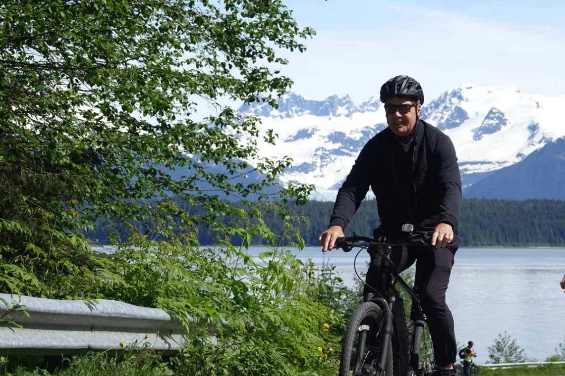 Walking from Cruise Ship in Juneau: Distances & Port Tips 5 Juneau rainforest ebike man bike glacier ocean 1200x800 1
