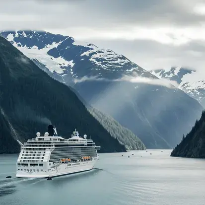 What You Need to Know About Hassle-Free Alaska Cruise Transportation 1 An Alaska cruise transportation ship sails through a fjord with snow-capped mountains and evergreen forests on either side.