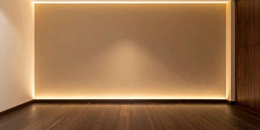 Minimalist empty room with a smooth beige accent wall, indirect LED lighting along the top and bottom edges, and a dark wooden floor.