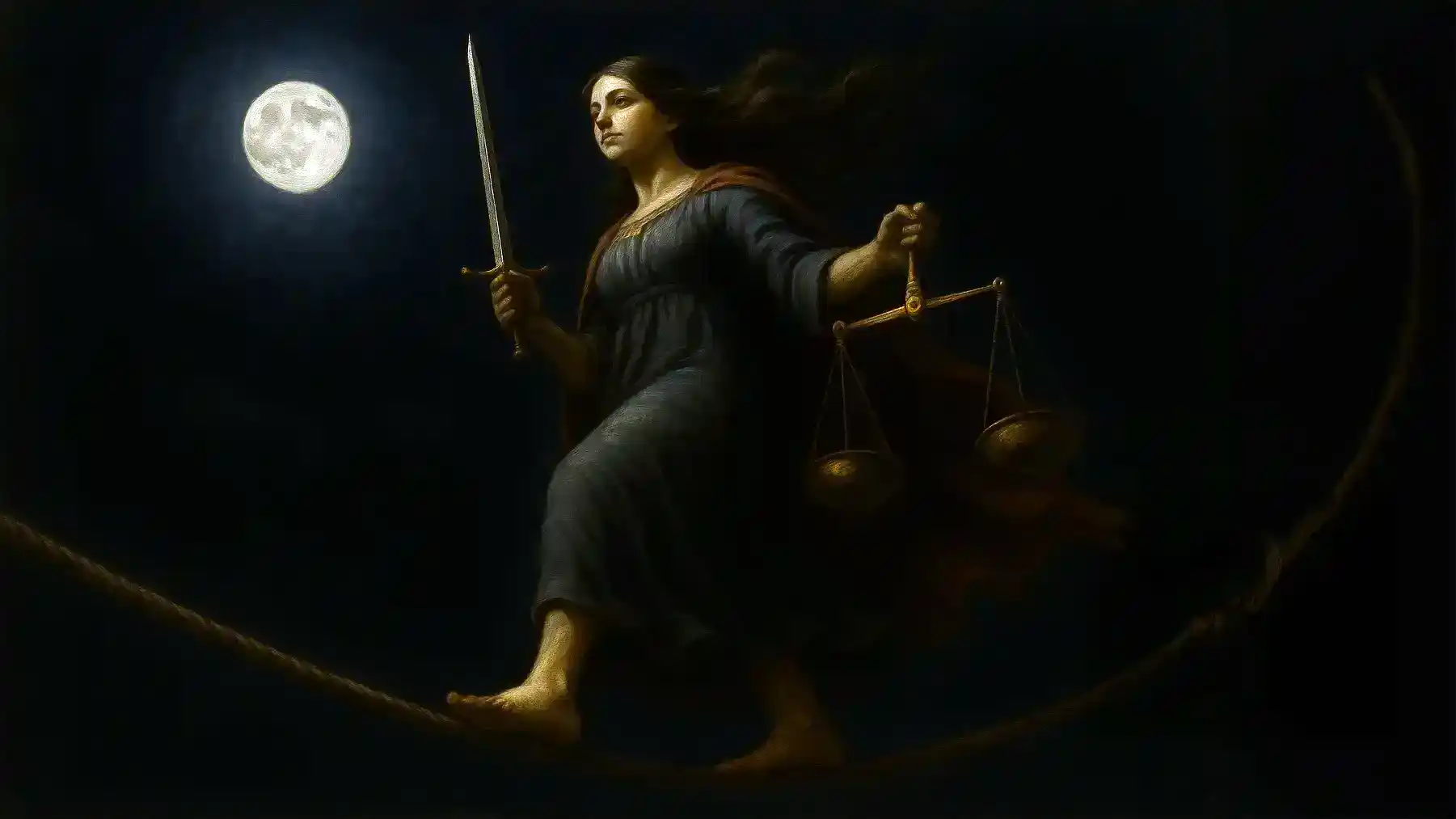 Lady Justice carries a sword and a scale across a tightrope that has already broken, but she doesn't know it yet.