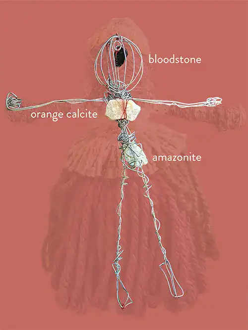 The armature for "Leela" features three gemstones: bloodstone, orange calcite, and amazonite. There's a faded image of the completed doll in the background.