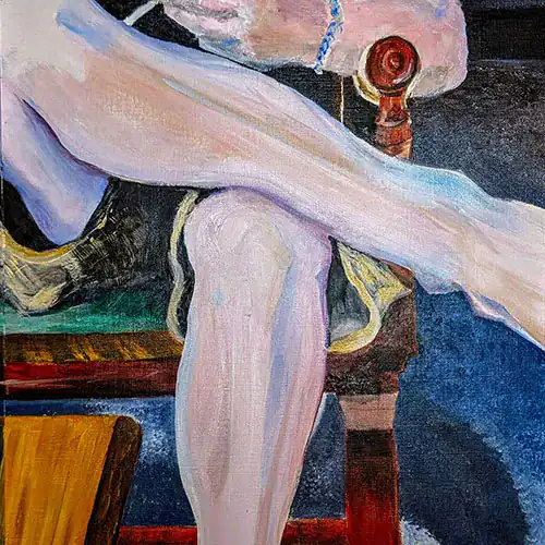 Colorful watercolor of a seated woman with crossed legs, artistic and expressive style.