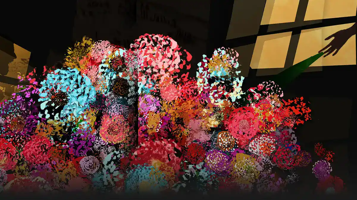 Digital art titled "Once Upon a Bloom's Goodbye" used as header image. A hand tossing out a bouquet.