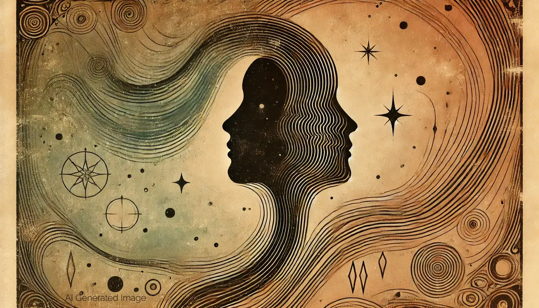 Abstract profile of dual faces with flowing lines, representing the integration of shadow and light within the self.