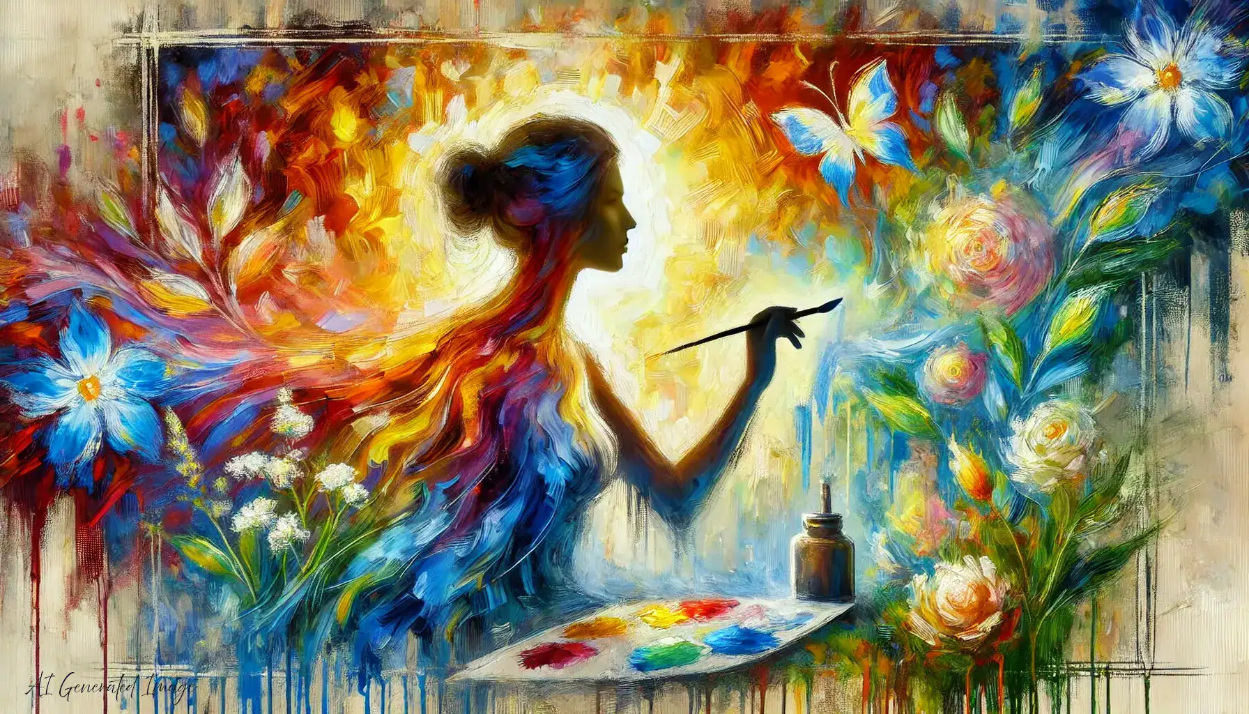 A woman in an impressionist-type AI generated image who is painting while her authentic self swirls around her in blues and oranges.
