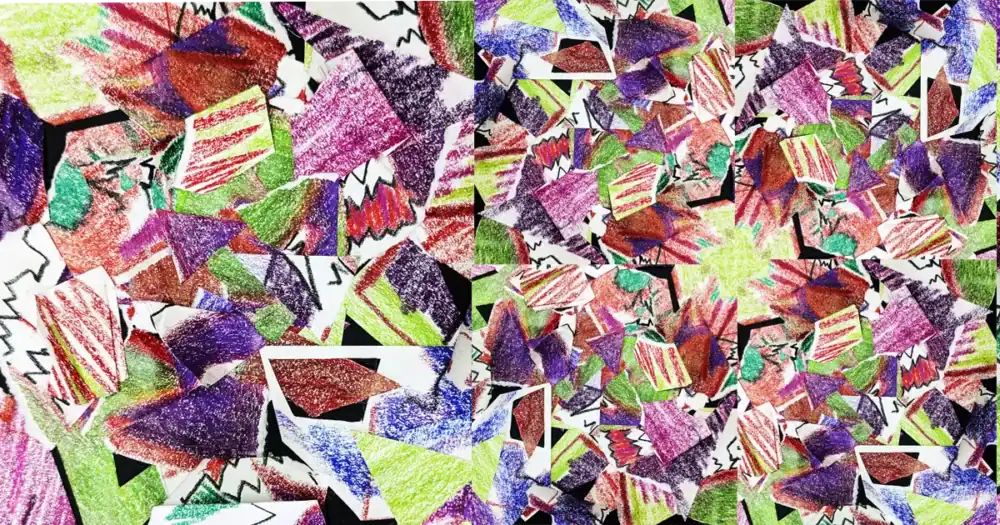 A vibrant collage made from colorful torn pieces of crayon sketches, arranged in dynamic layers on a black background, symbolizing the transformation of chaos into art.