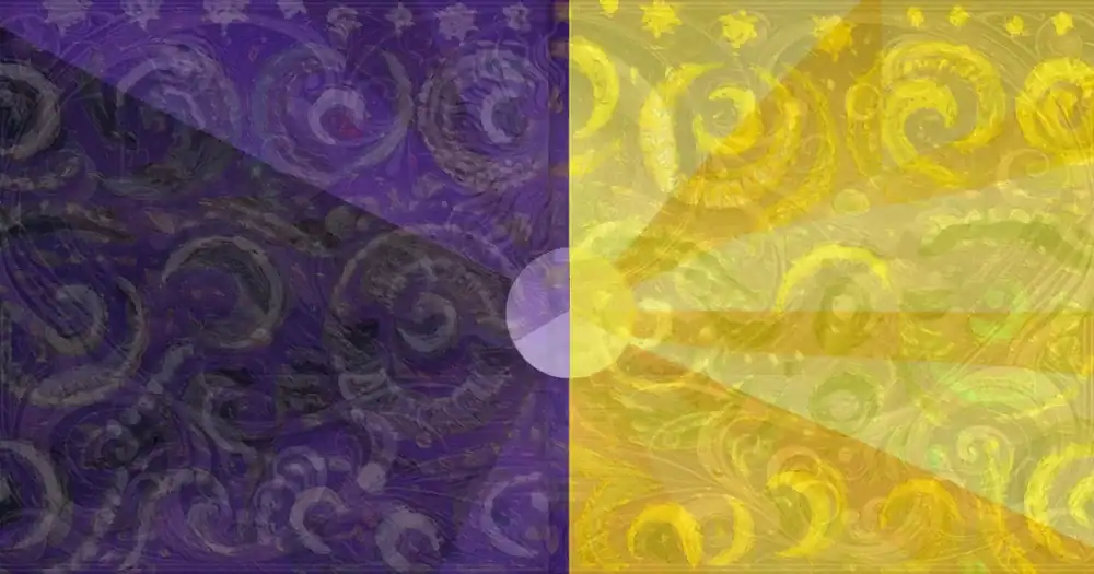 The trauma healing journey symbolized by dark and light, purple and yellow, moon and sun in an abstract AI generated image.