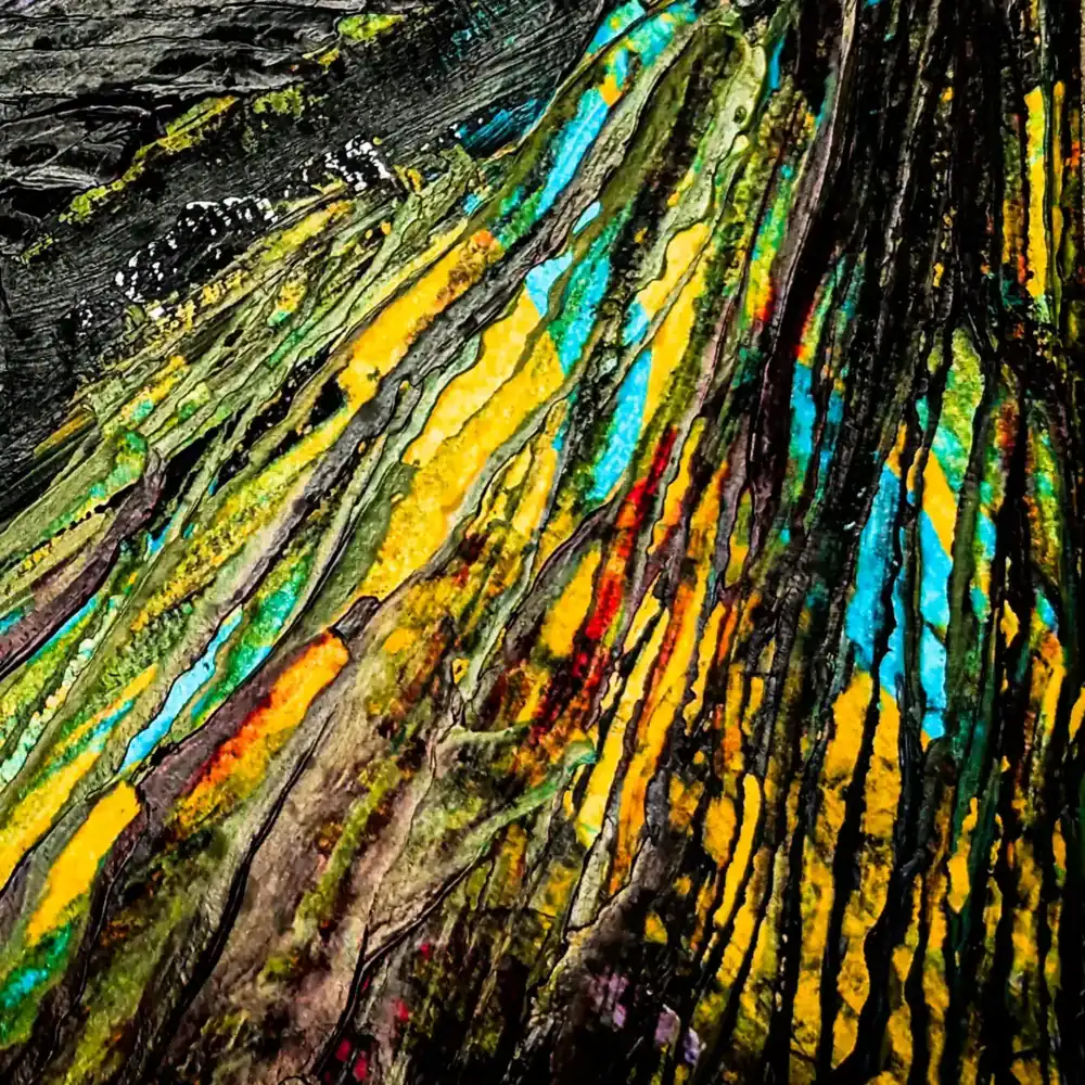 A square cropped image of letting go and renewal on the move art challenge by Kellie Jo Close. This version highlights the the texture, yellow, green and bit of red in the bottom right of original