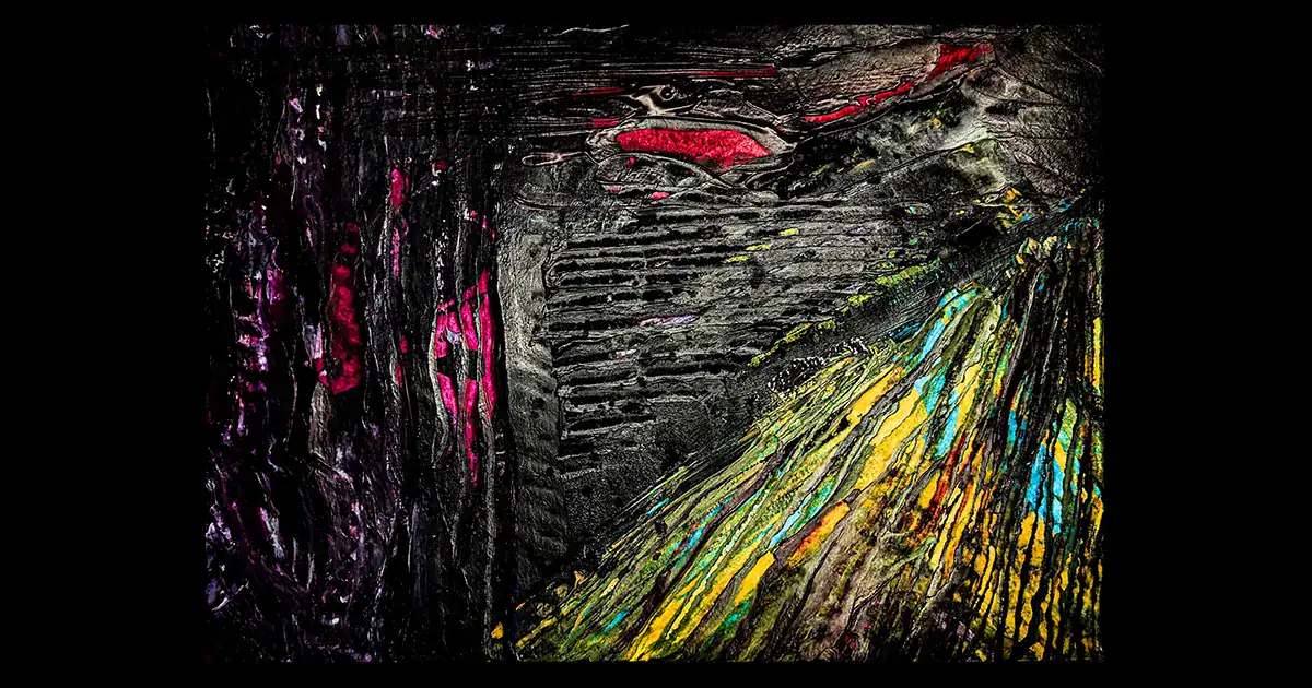 An interpretation of letting go and renewal on the move by Kellie Jo Close. The exercise is dark with purple and red showing through on the upper left and green and yellow showing through on the bottom right. There is a void in the center with thick black paint scraped into a triangle shape.