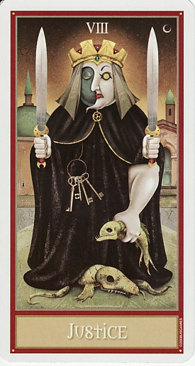 The Deviant Moon's Justice card. This justice card features two swords and a set of keys. Also, the person has three arms and is holding and standing over some wiggly reptile animals.