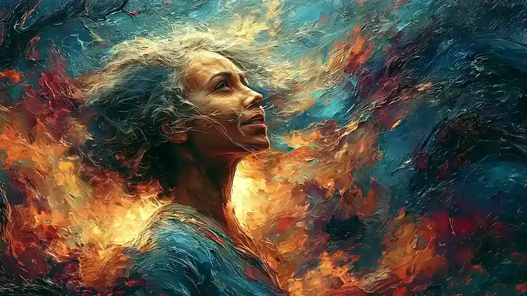 A woman stands powerful and motivated while light that looks like fire highlights her image.