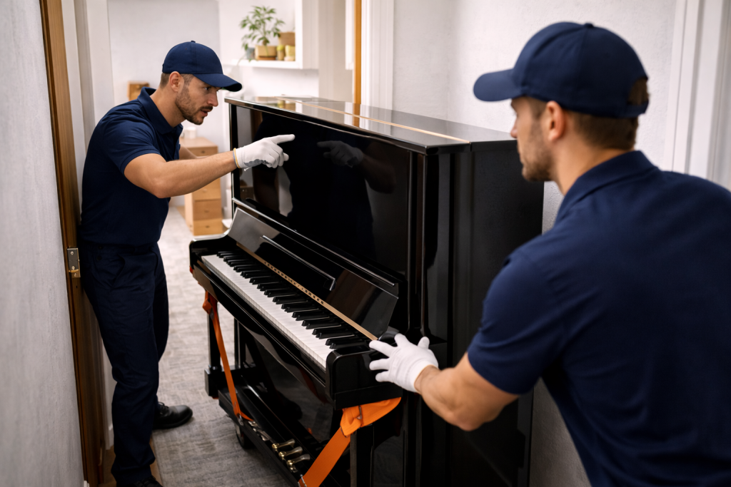 piano positioned in tight hallway showing moving difficulty