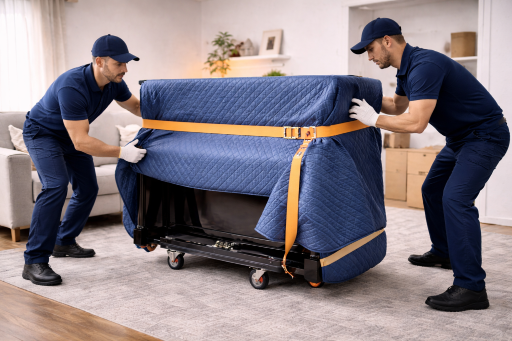 piano wrapped with blankets during moving preparation