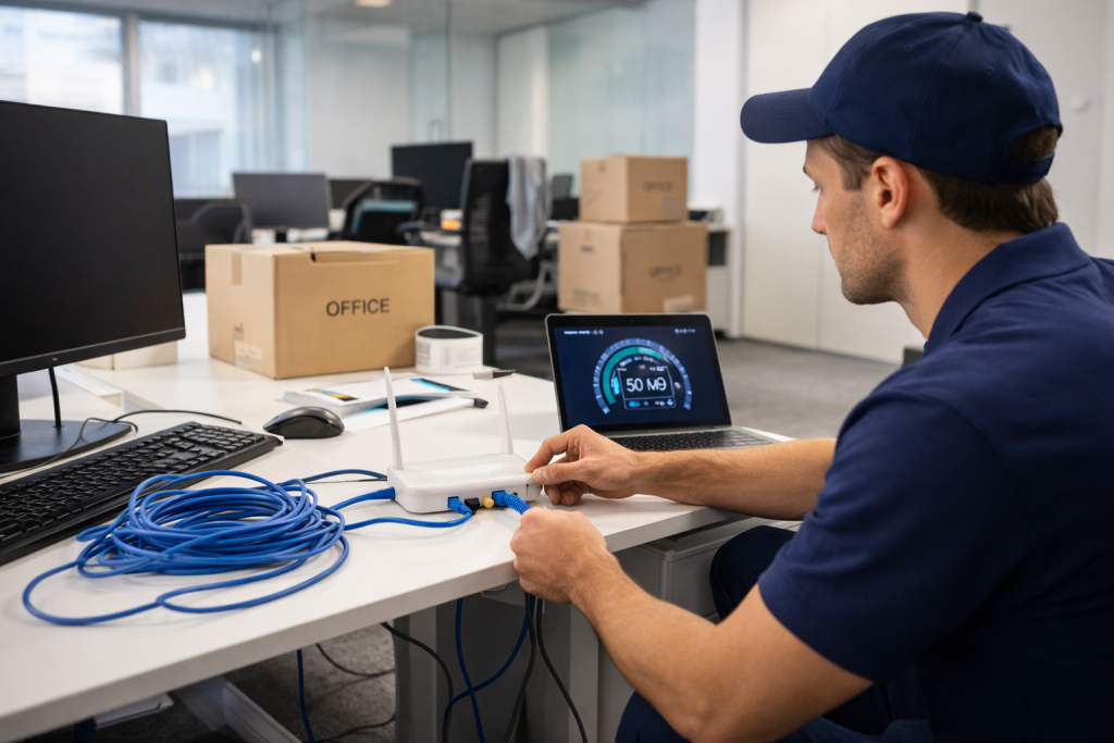 technician setting up office network and workstations