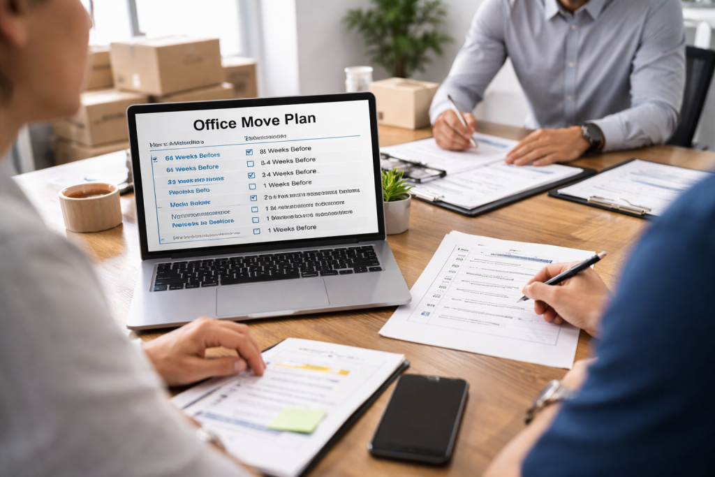 team planning office move with checklist and timeline