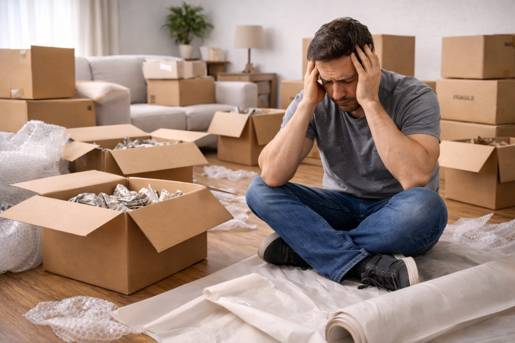 person stressed while packing moving boxes at home