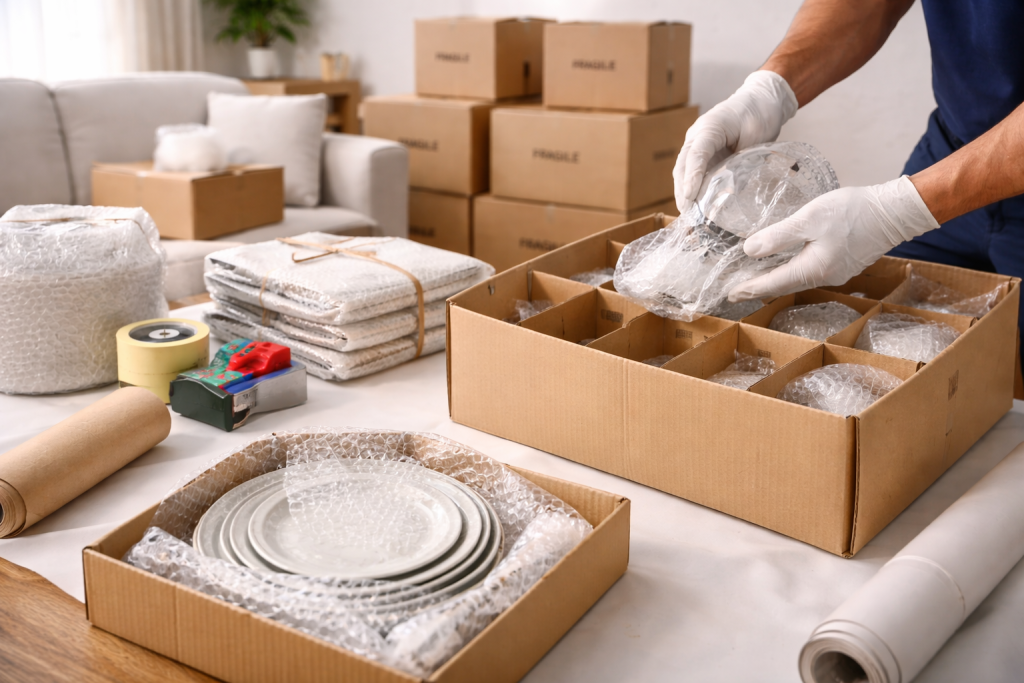 professional packing fragile items safely with bubble wrap