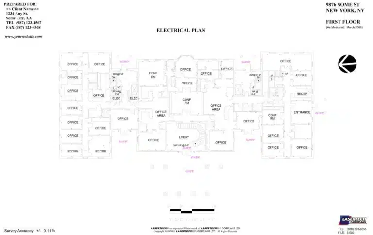 First-floor electrical plan of an office building showing layout and wiring details.