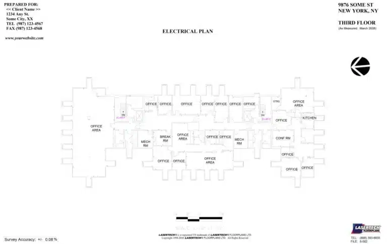 Architectural electrical plan of a third-floor office layout highlighting circuitry and fixture placements.