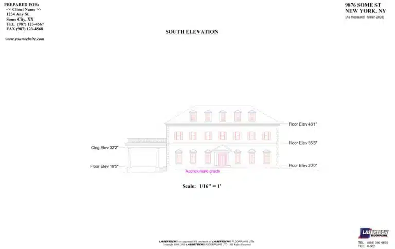 Architectural elevation drawing of a two-story building with scale notation.
