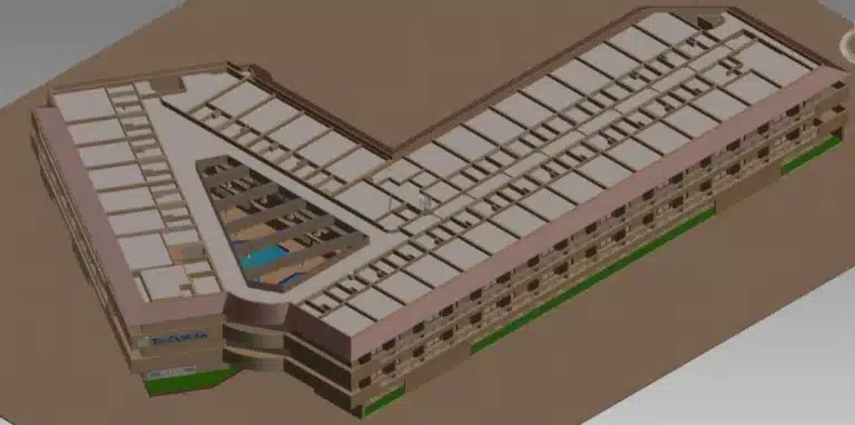 3d model of a large multi-level building with a distinctive courtyard and parking area.