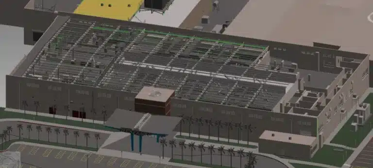 3d model of an industrial facility with solar panels on the roof.