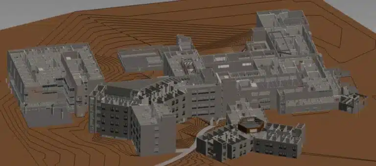 Digital 3d model of an architectural complex with contour lines indicating terrain.