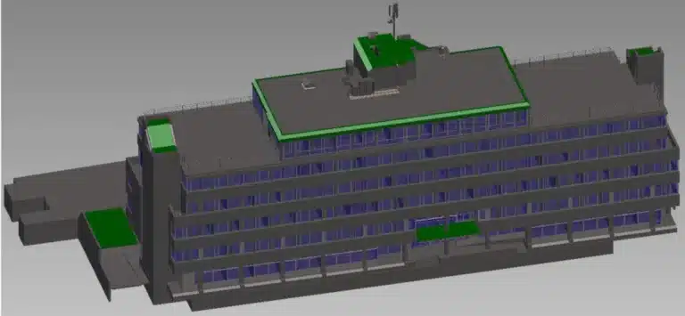 3d model of a modern multi-story building with a flat roof and green accents.