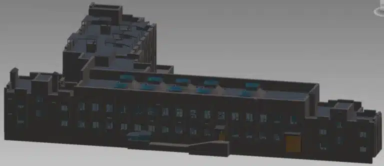 3d model of a modern building with a tiered design.