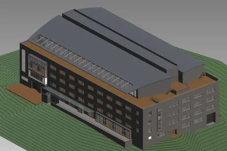 3d model of a modern building with a dark gray roof, multiple floors, and surrounding green landscape.