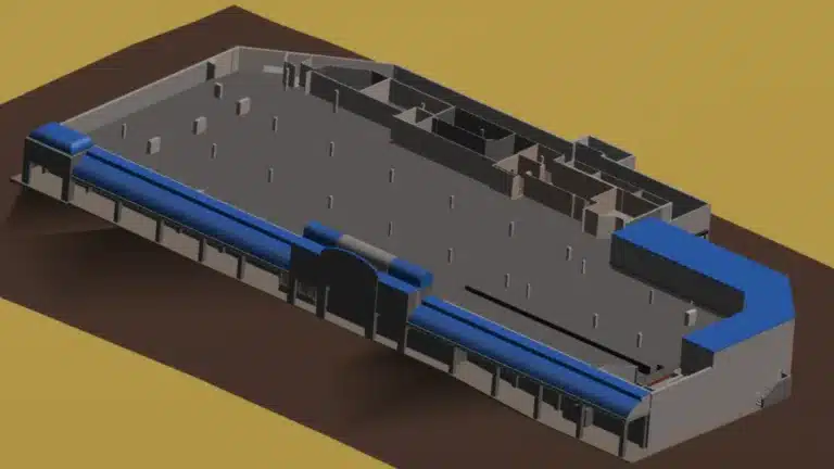 Isometric view of a simplified 3d model of a building with a blue conveyor belt system.