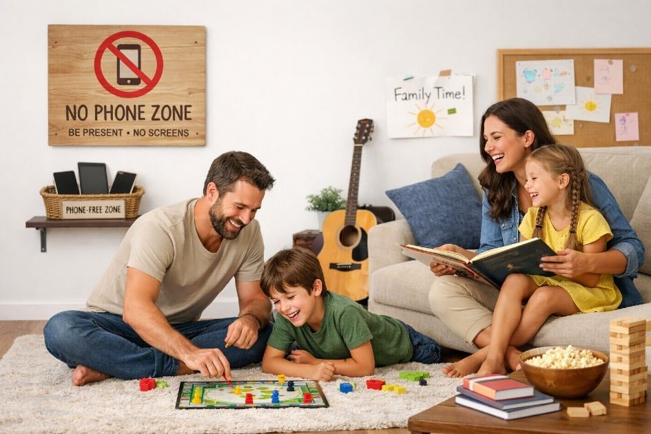 Family enjoying quality time in a phone-free home zone