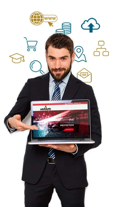 Un homme tenant un ordinateur portable avec une site fait par Nelmedia sur l'écran.