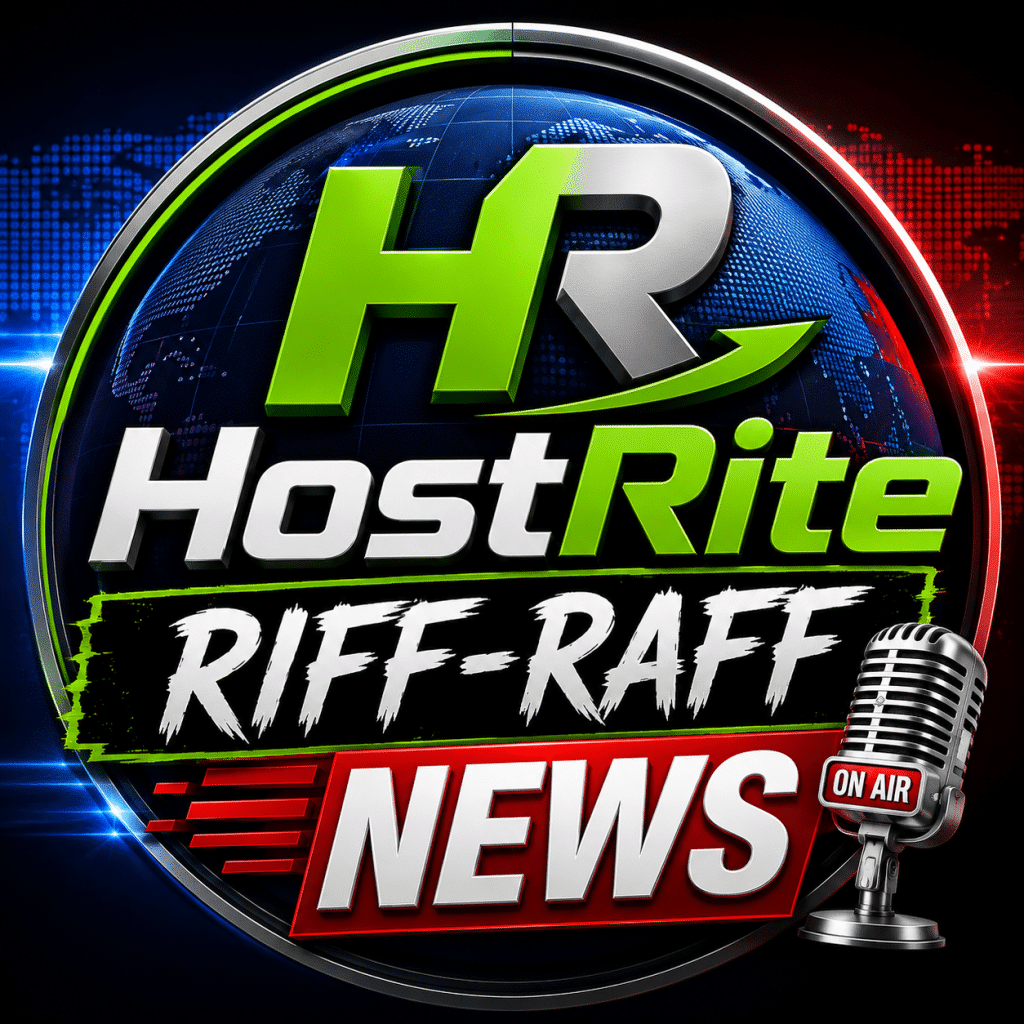 Hostrite riffraff news logo hostrite news The hostrite riff raff news logo featuring a stylized globe background a vintage style microphone with an on air sign and bold text