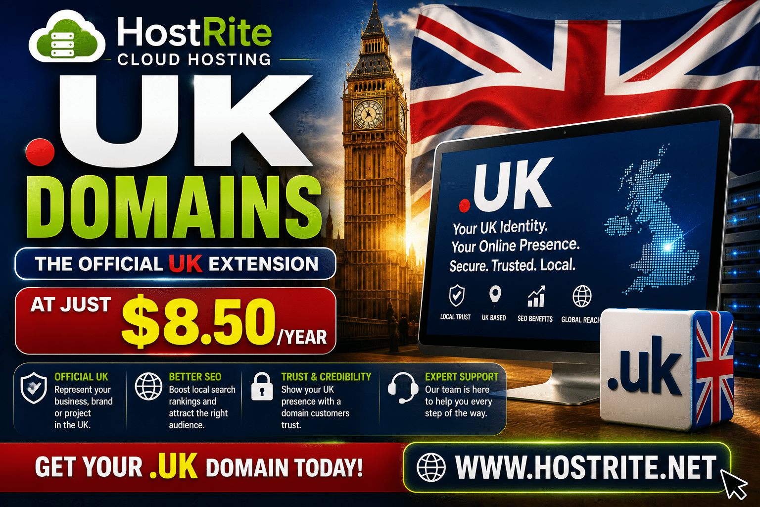 Hostrite Uk domain registration promotion hostrite news Promotional graphic for hostrite Uk domain registration featuring the big ben clock tower a uk flag and a computer monitor displaying the Uk domain benefits
