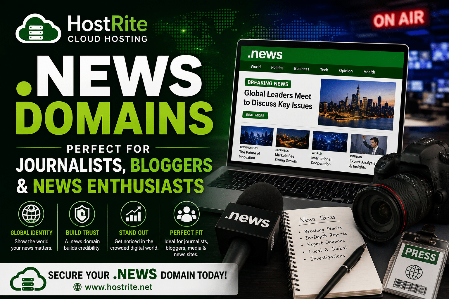 A promotional graphic for HostRite .news domains featuring a laptop displaying a news website, a microphone, a notepad with news ideas, and a press badge.