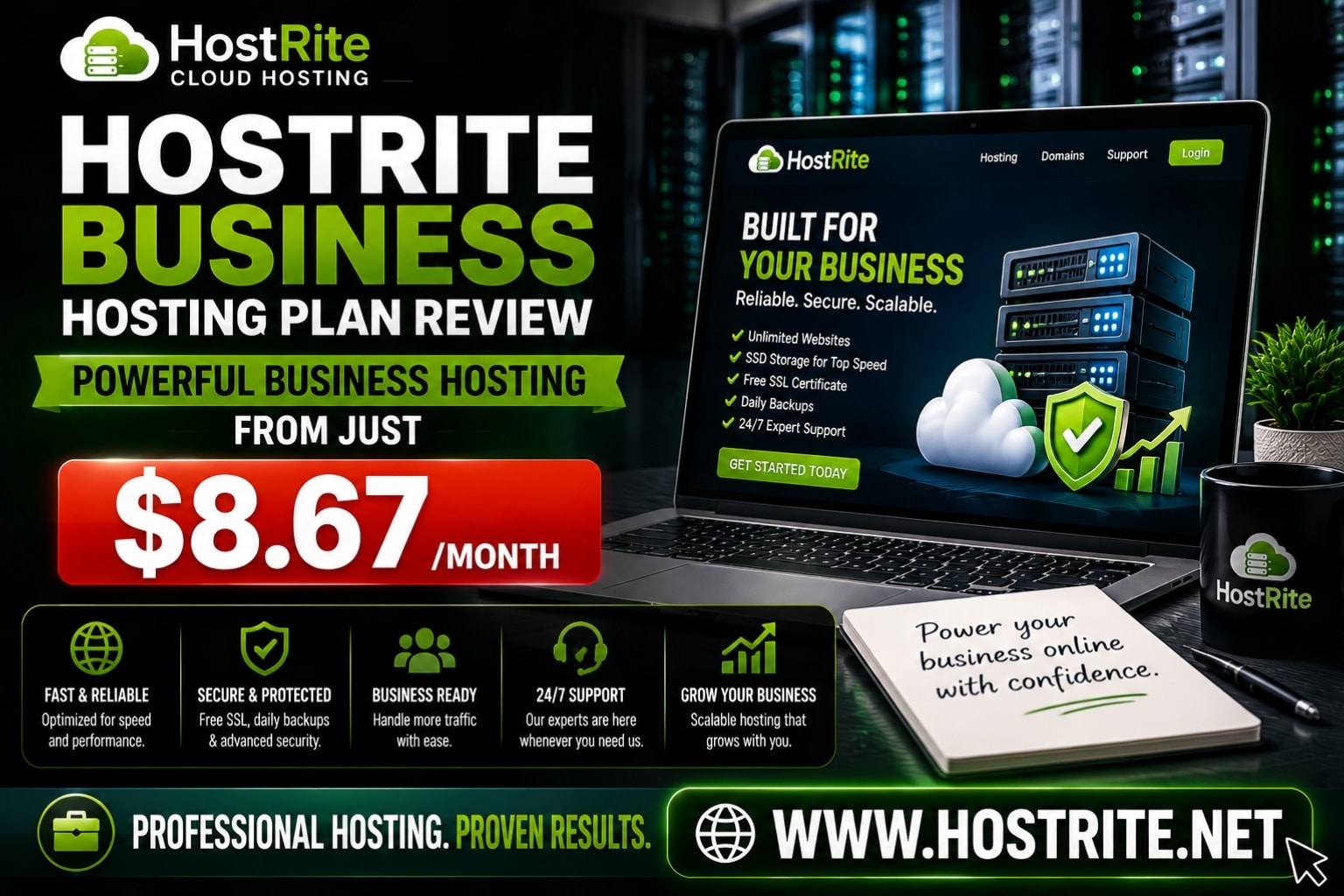 Hostrite business hosting plan promotional graphic hostrite news A promotional graphic for hostrite business hosting featuring a laptop displaying hosting plan details a price of $8 67 per month and a list of service features