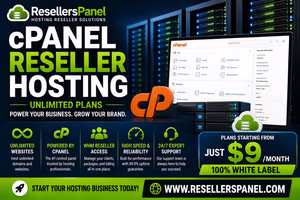 A promotional graphic for ResellersPanel cPanel hosting featuring a server room background, a cPanel interface screenshot, and a list of service benefits including unlimited websites and 24/7 support.