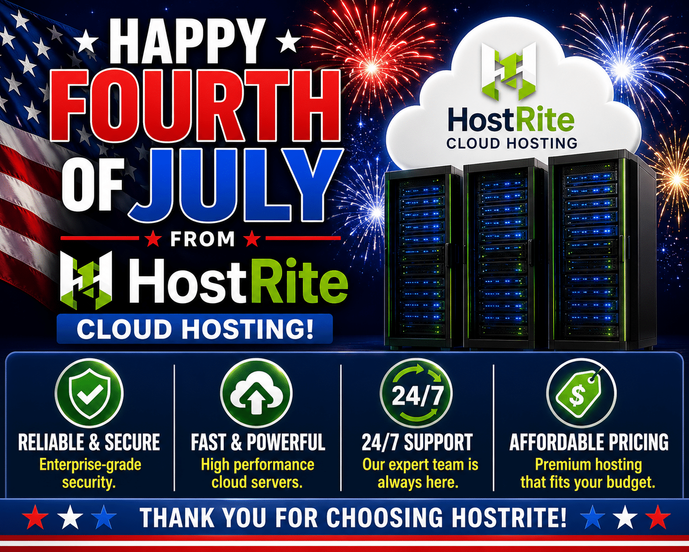 A Fourth of July promotional graphic for HostRite Cloud Hosting featuring an American flag, fireworks, and server racks, highlighting service benefits like 24/7 support and affordable pricing.