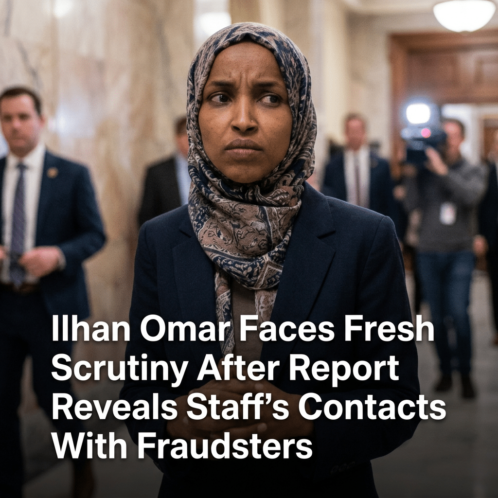 Ilhan Omar wearing a headscarf and dark blazer, walking through a hallway with people in the background.