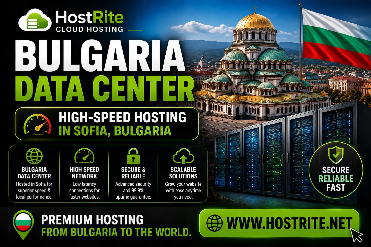 Hostrite bulgaria data center overview hostrite news Infographic for hostrite cloud hosting featuring the alexander nevsky cathedral in sofia server racks and service highlights including high speed network and security