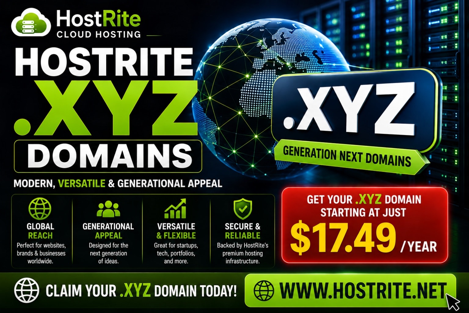 Hostrite Xyz domain hosting promotion hostrite news Promotional graphic for hostrite Xyz domain registration featuring a globe server background and pricing starting at $17 49 per year