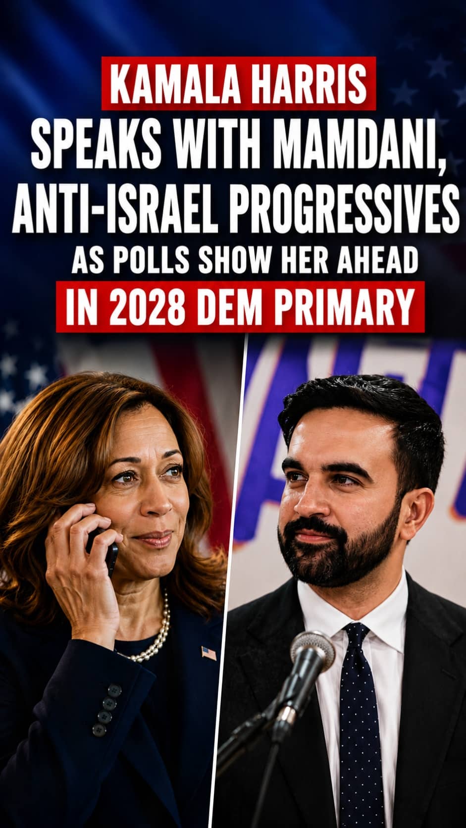 Kamala harris and mamdani political news graphic hostrite news A split screen graphic featuring kamala harris on the left and mamdani on the right with text overlaying the top and bottom stating that kamala harris speaks with mamdani and anti israel progressives as polls show her ahead in the 2028 democratic primary