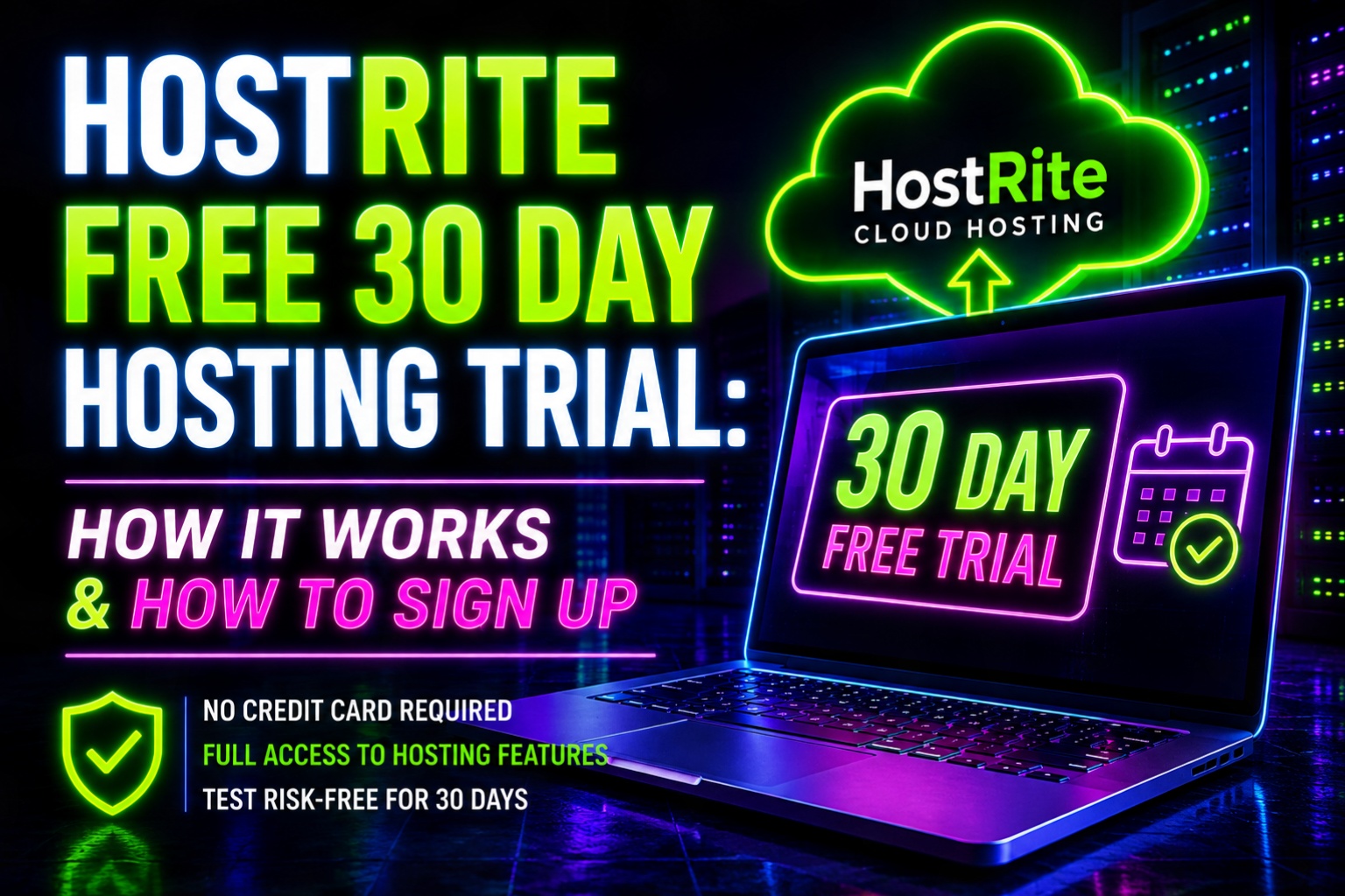 Hostrite 30 day free hosting trial promotion hostrite news A neon style graphic promoting a 30 day free cloud hosting trial from hostrite featuring a laptop and server room background