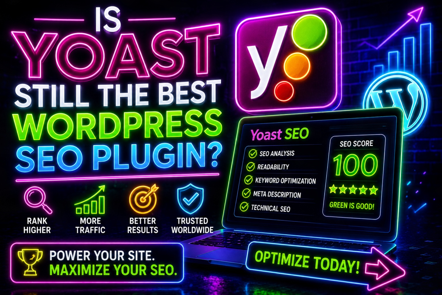 Yoast seo plugin review graphic hostrite news Neon style graphic announcing yoast seo with a laptop showing a 100 seo score and checklist items on the screen